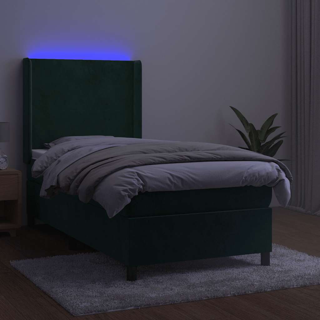 Cama box spring c/ colchão/LED 80x200 cm veludo verde-escuro