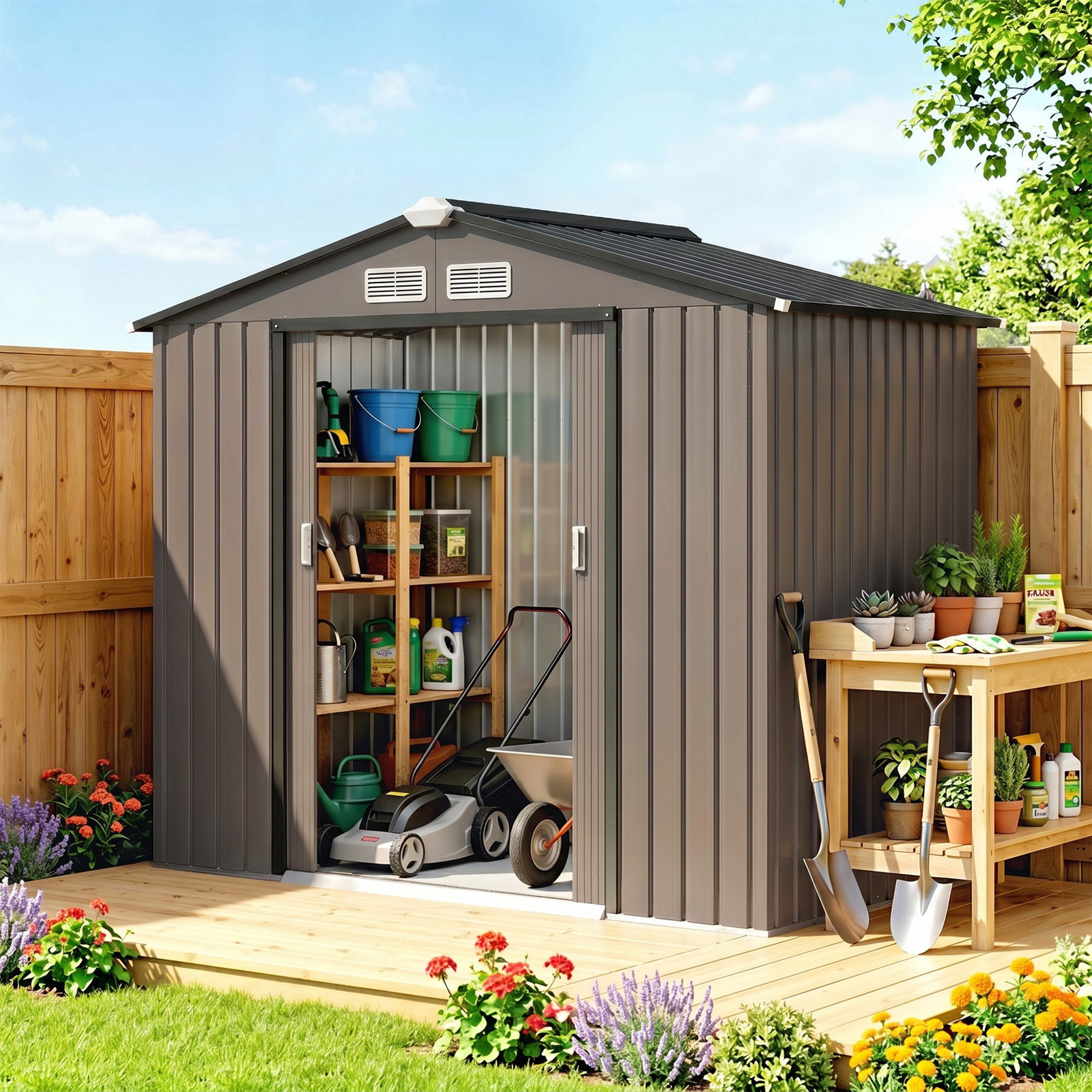 Abrigo de jardim 213x130x185 cm abrigo de jardim metálico de exterior com 2 portas deslizantes e 4 janelas marrom