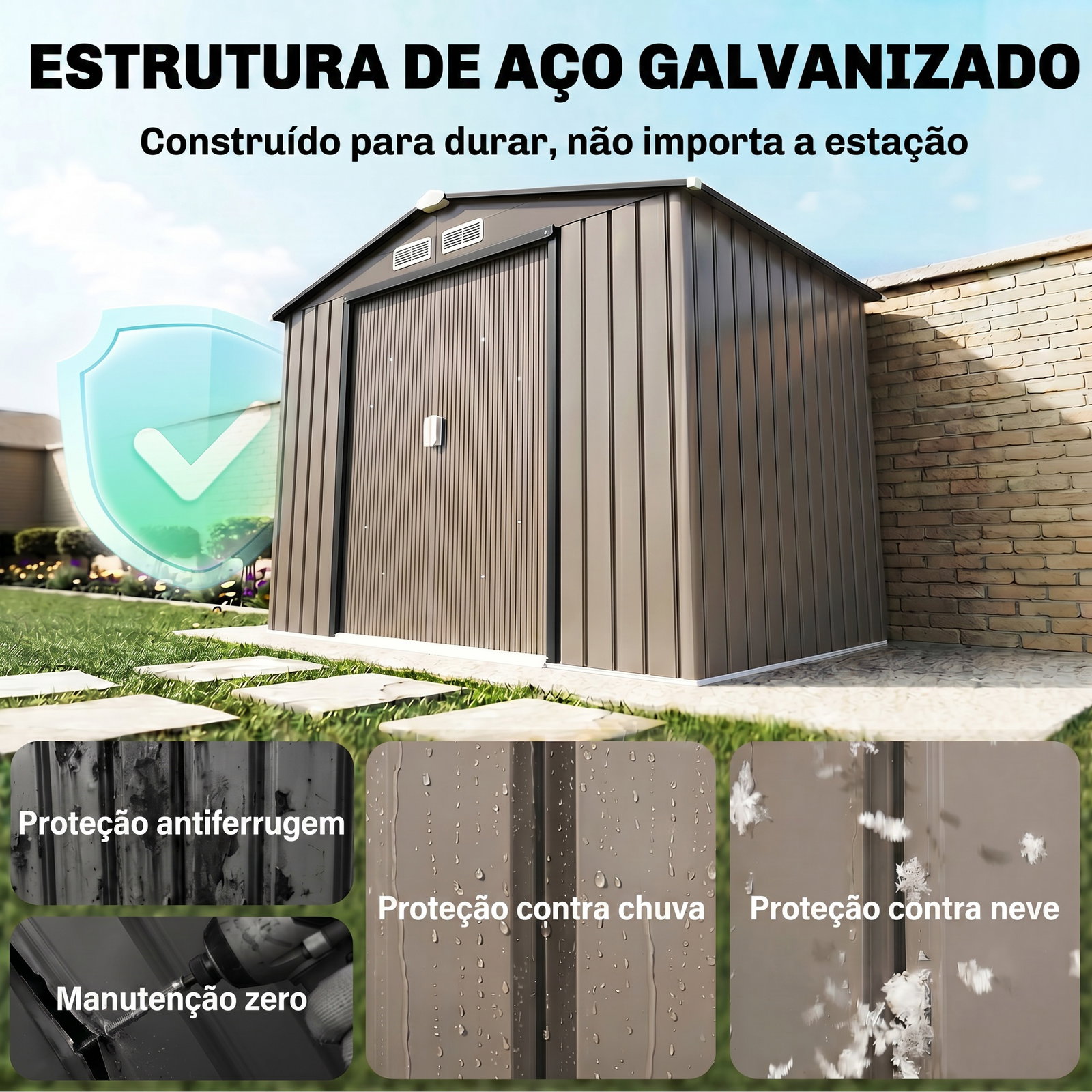 Abrigo de jardim 213x130x185 cm abrigo de jardim metálico de exterior com 2 portas deslizantes e 4 janelas marrom
