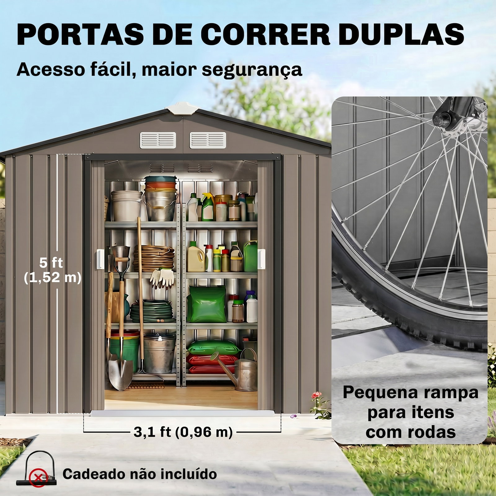 Abrigo de jardim 213x130x185 cm abrigo de jardim metálico de exterior com 2 portas deslizantes e 4 janelas marrom