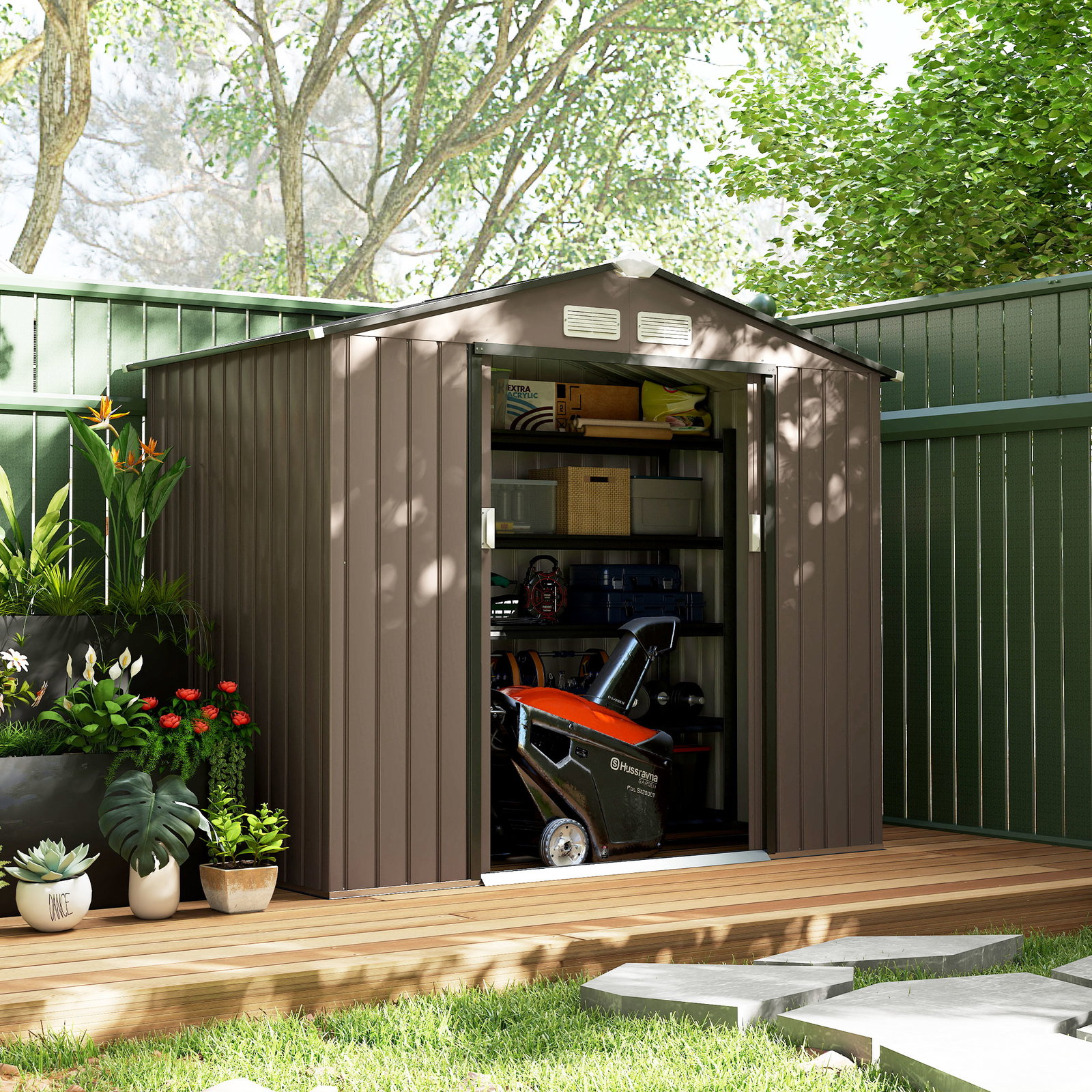 Abrigo de jardim 213x130x185 cm abrigo de jardim metálico de exterior com 2 portas deslizantes e 4 janelas marrom