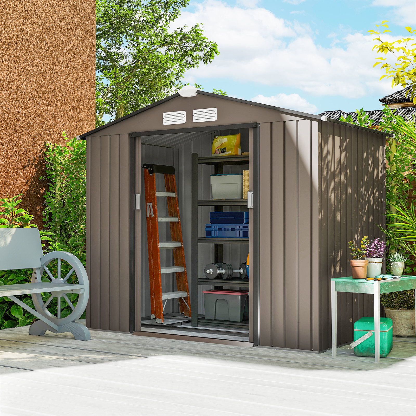 Abrigo de jardim 213x130x185 cm abrigo de jardim metálico de exterior com 2 portas deslizantes e 4 janelas marrom