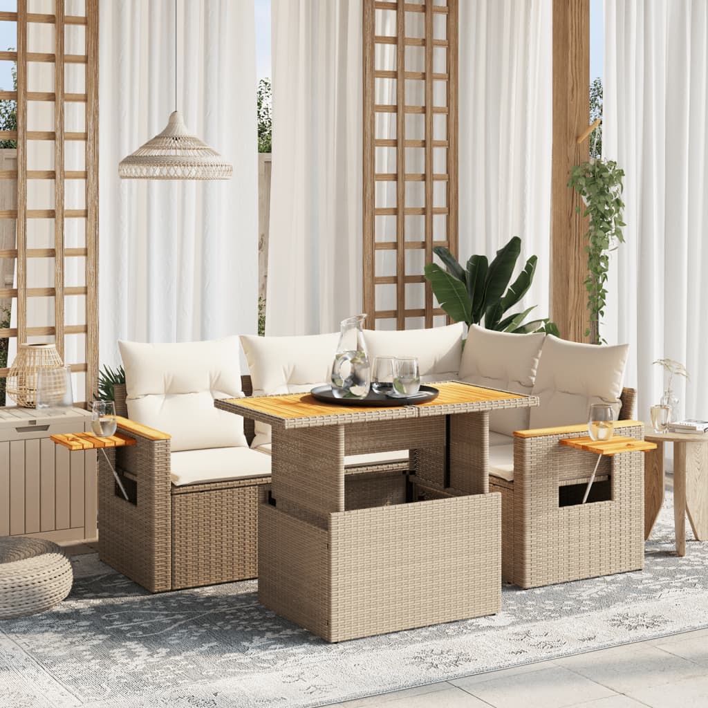 5 Pcs conjunto de sofás p/ jardim com almofadões vime PE bege