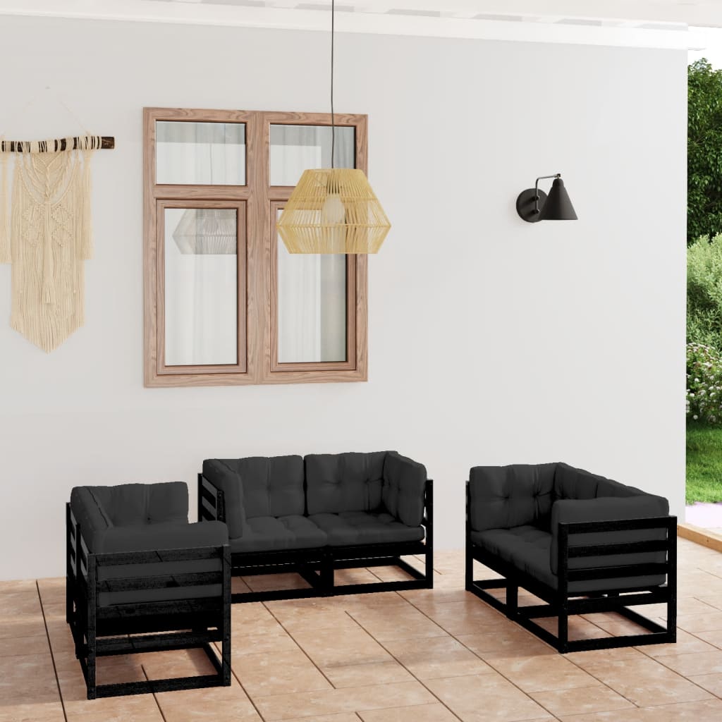 6 Pcs conjunto lounge de jardim com almofadões pinho maciço