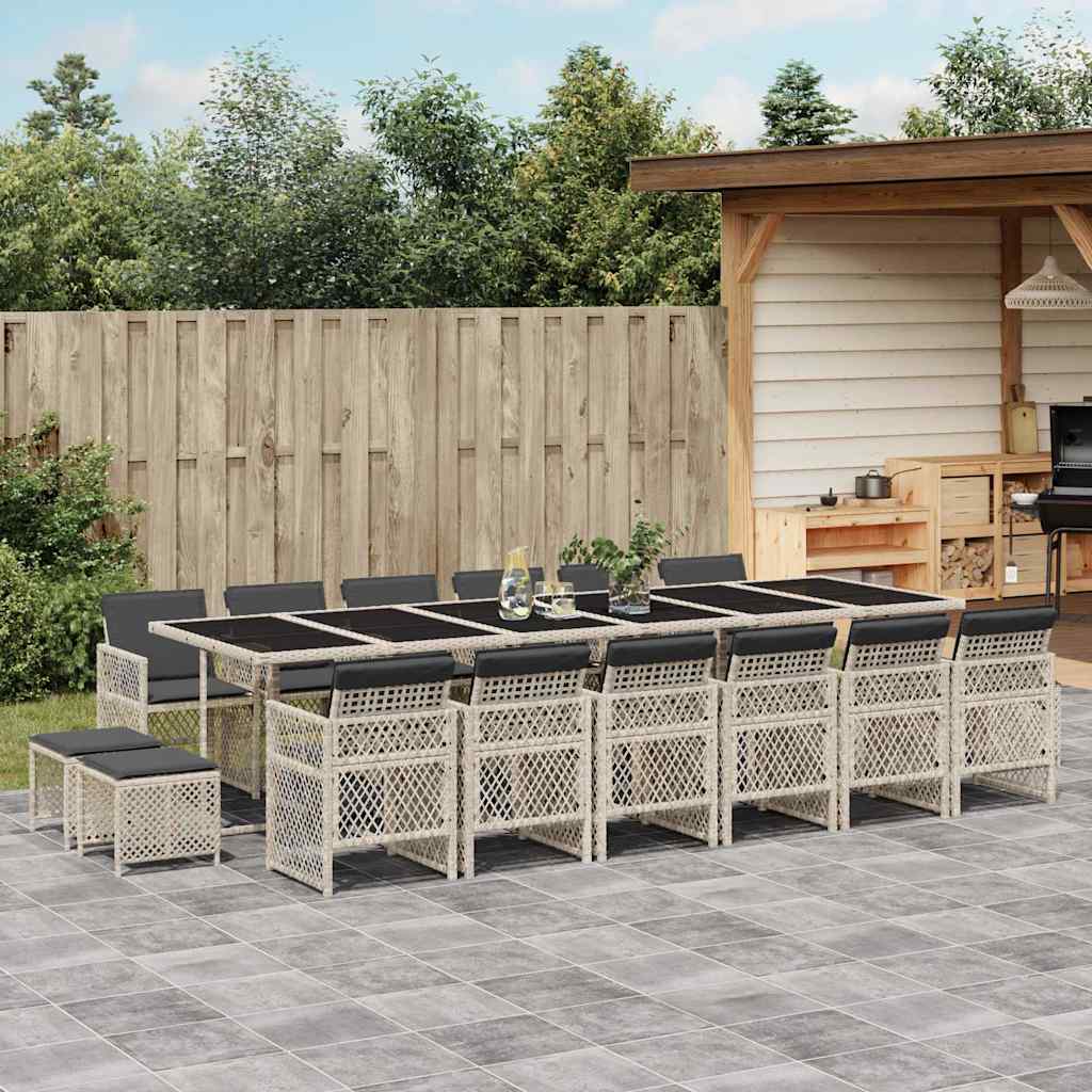 17 Pcs conj. jantar jardim c/ almofadões vime PE cinzento-claro