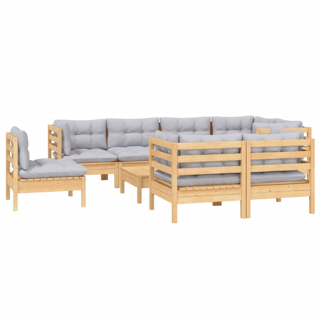 9 Pcs conjunto lounge de jardim + almofadões cinza pinho maciço