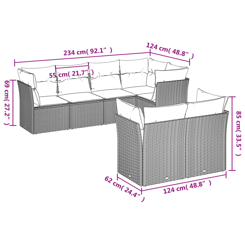 7 Pcs conjunto de sofás p/ jardim c/ almofadões vime PE preto
