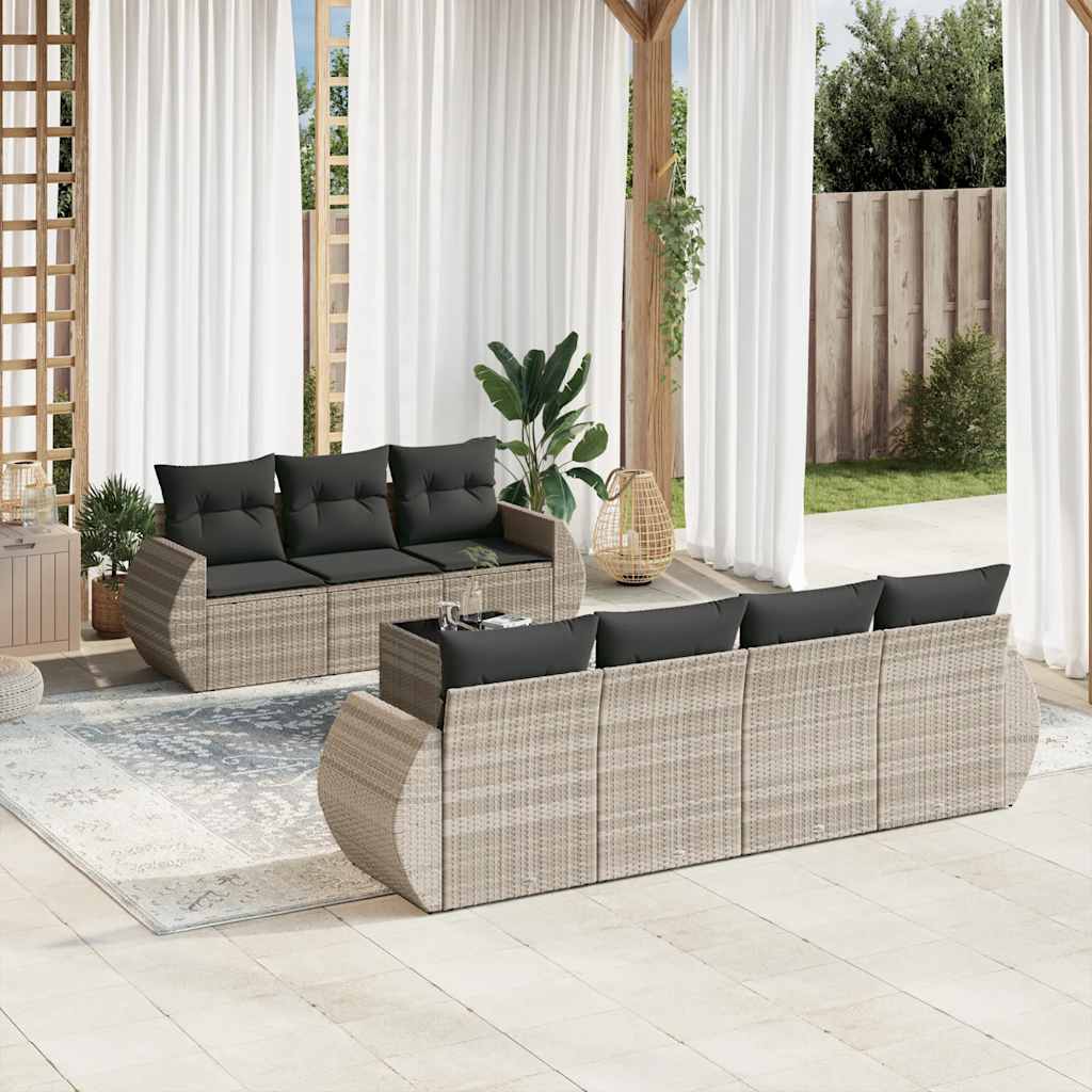 8 Pcs conj. sofás jardim c/ almofadões vime PE cinzento-claro