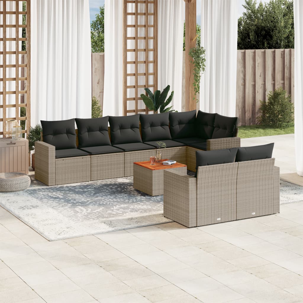 9 Pcs conjunto sofás p/ jardim com almofadões vime PE cinzento