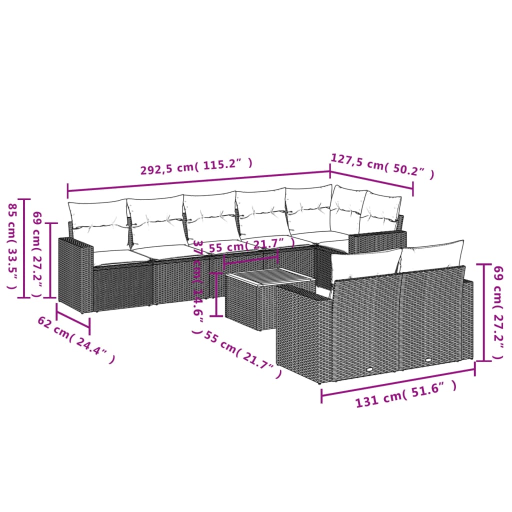 9 Pcs conjunto sofás p/ jardim com almofadões vime PE cinzento