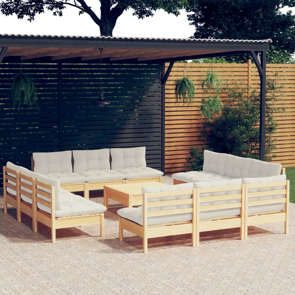 13 Pcs conjunto lounge jardim c/ almofadões cor creme pinho