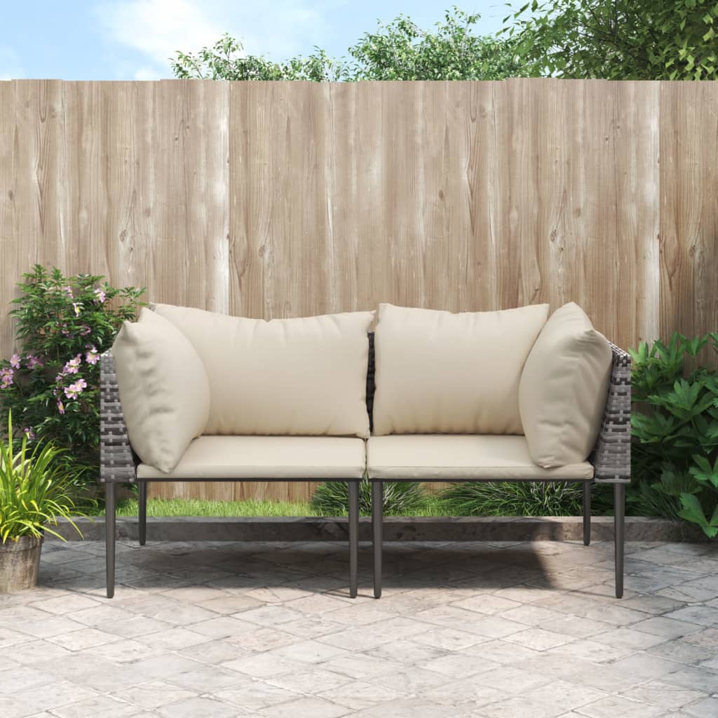 Sofás de canto p/ jardim c/ almofadões 2 pcs vime PE cinzento
