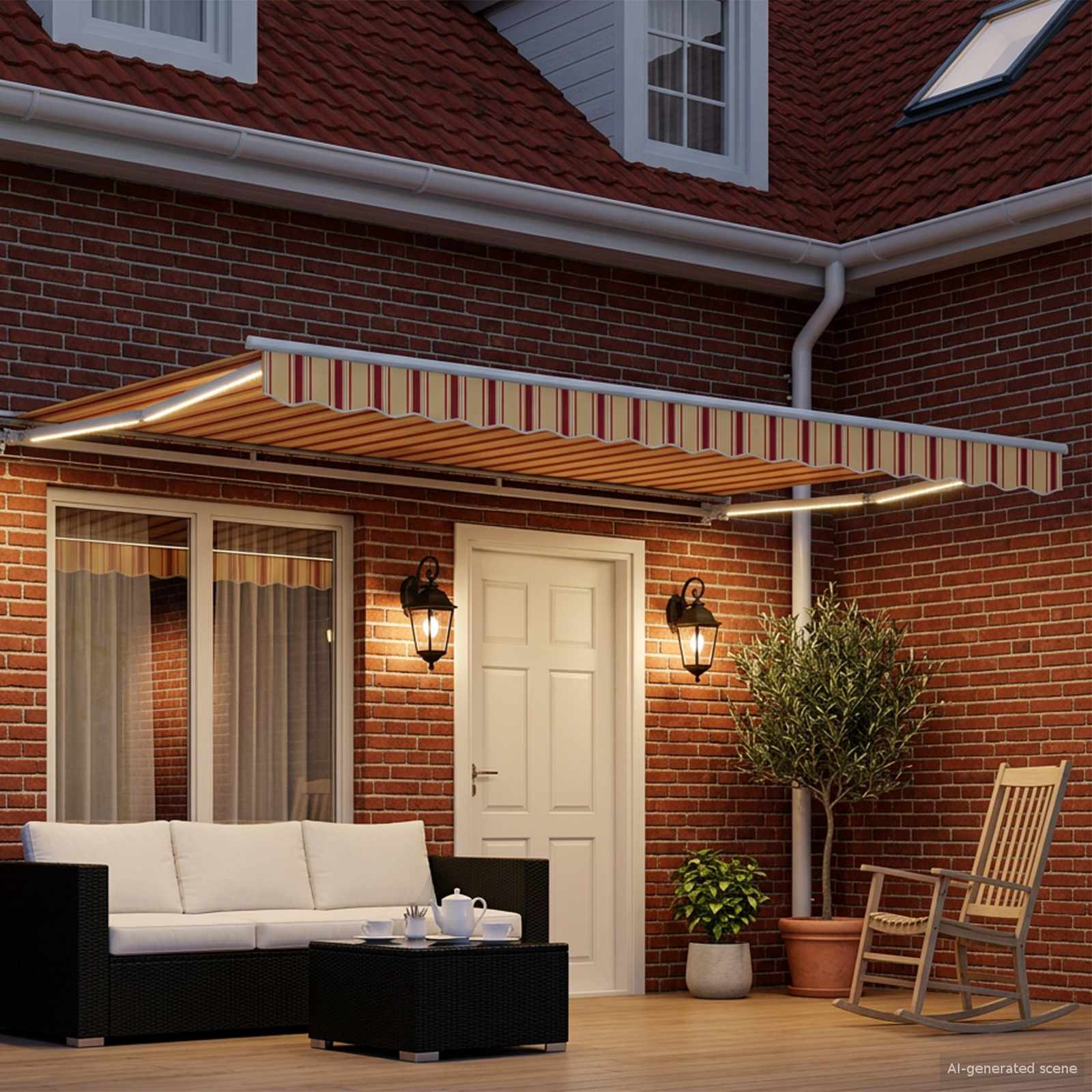 Toldo retrátil elétrico amarelo, laranja e branco 5 x 3 m