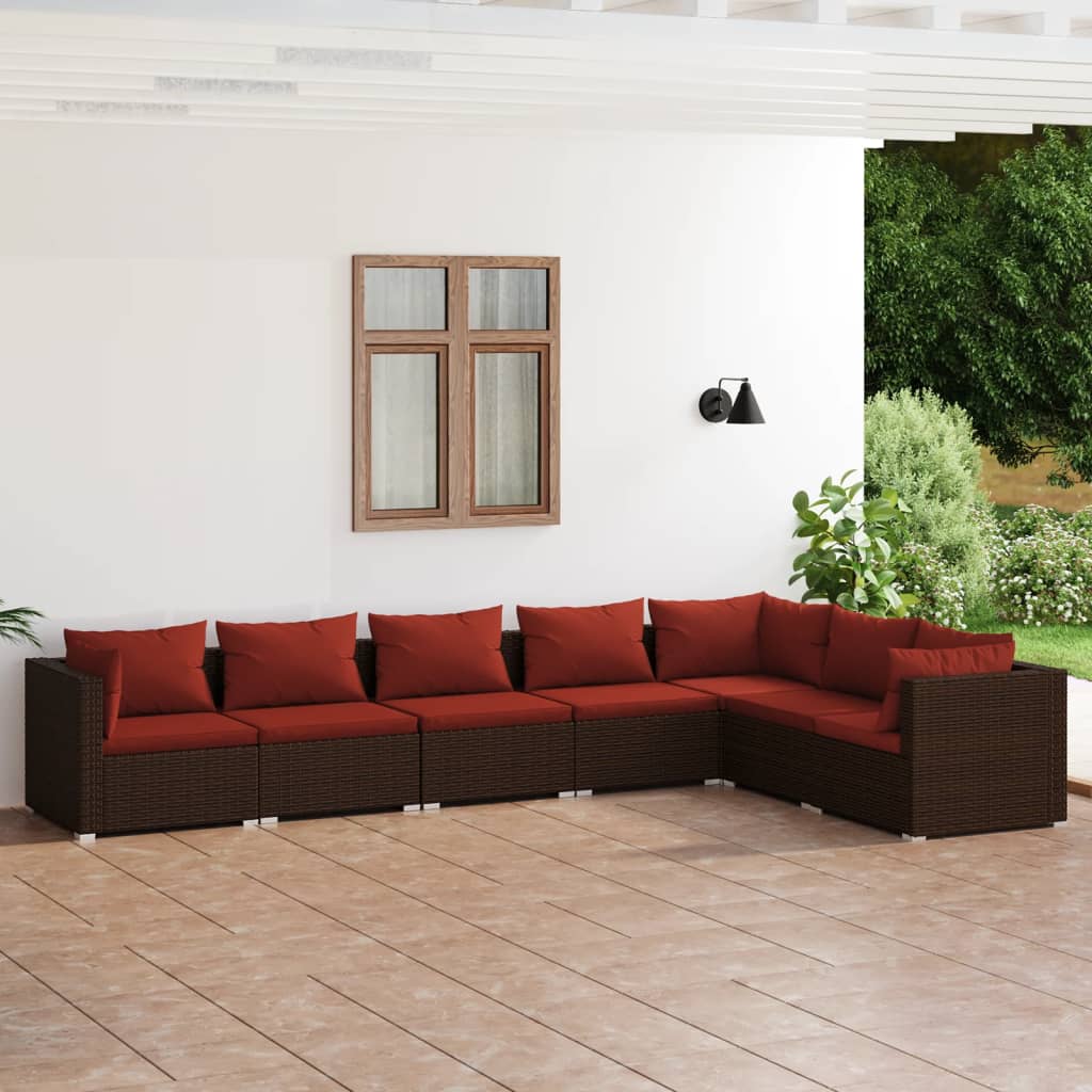7 Pcs conjunto lounge jardim c/ almofadões vime PE castanho