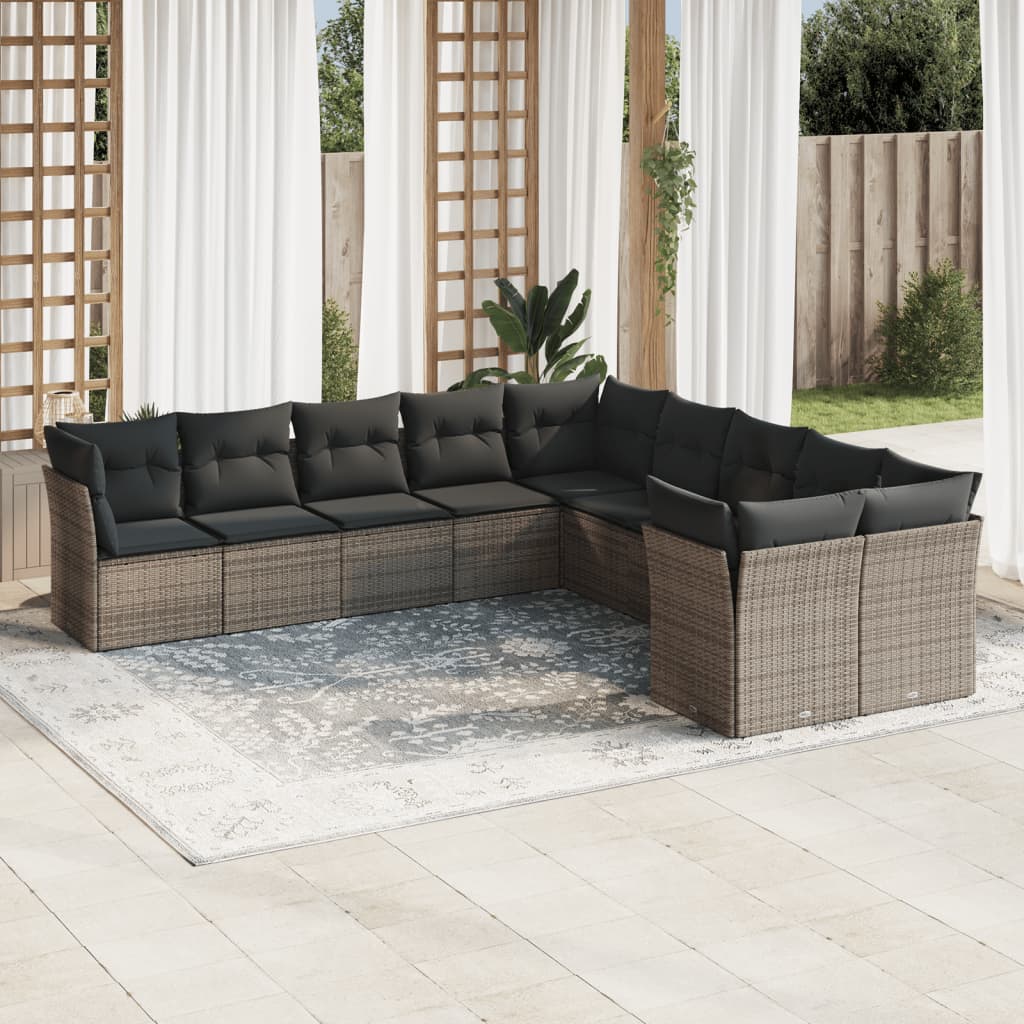 10 Pcs conjunto sofás de jardim c/ almofadões vime PE cinzento