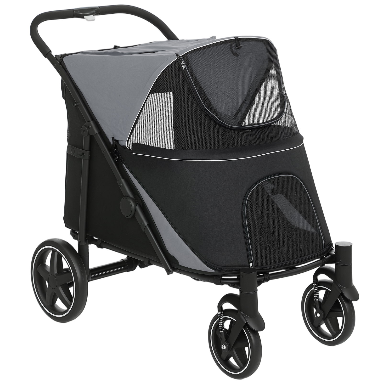 Carrinho para cães dobrável com janelas de malha cinto de segurança e bolsos de armazenamento 112x65x100 cm cinzento