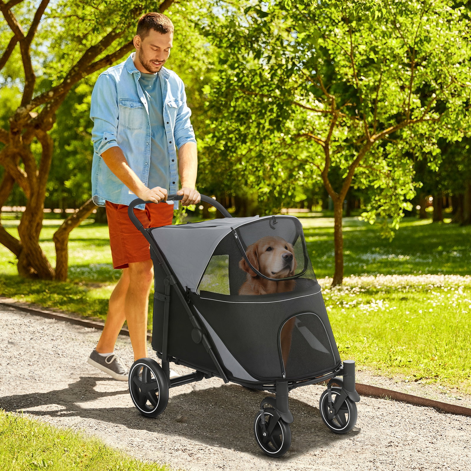 Carrinho para cães dobrável com janelas de malha cinto de segurança e bolsos de armazenamento 112x65x100 cm cinzento