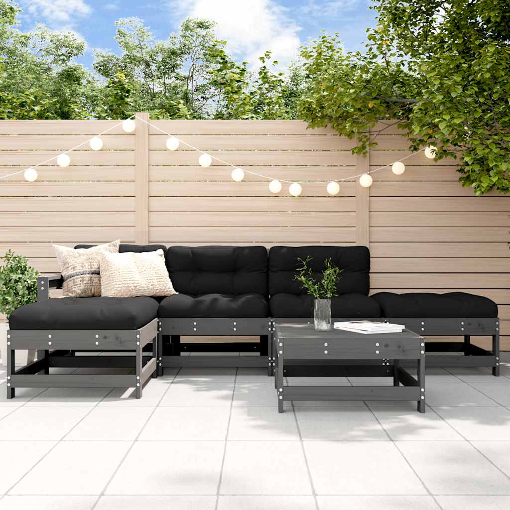 6 Pcs conjunto lounge jardim c/ almofadões madeira maciça cinza