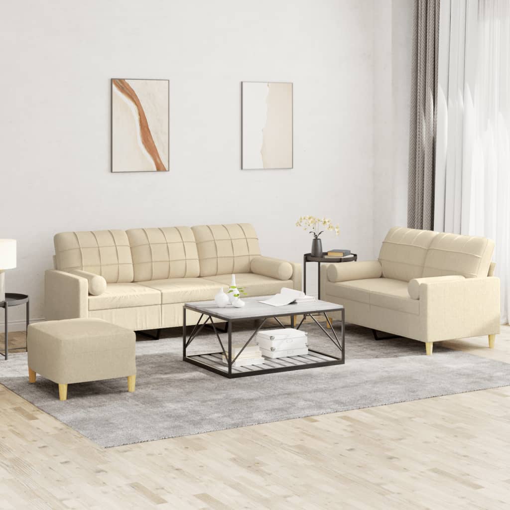 3 Pcs conjunto de sofás com almofadas tecido cor creme