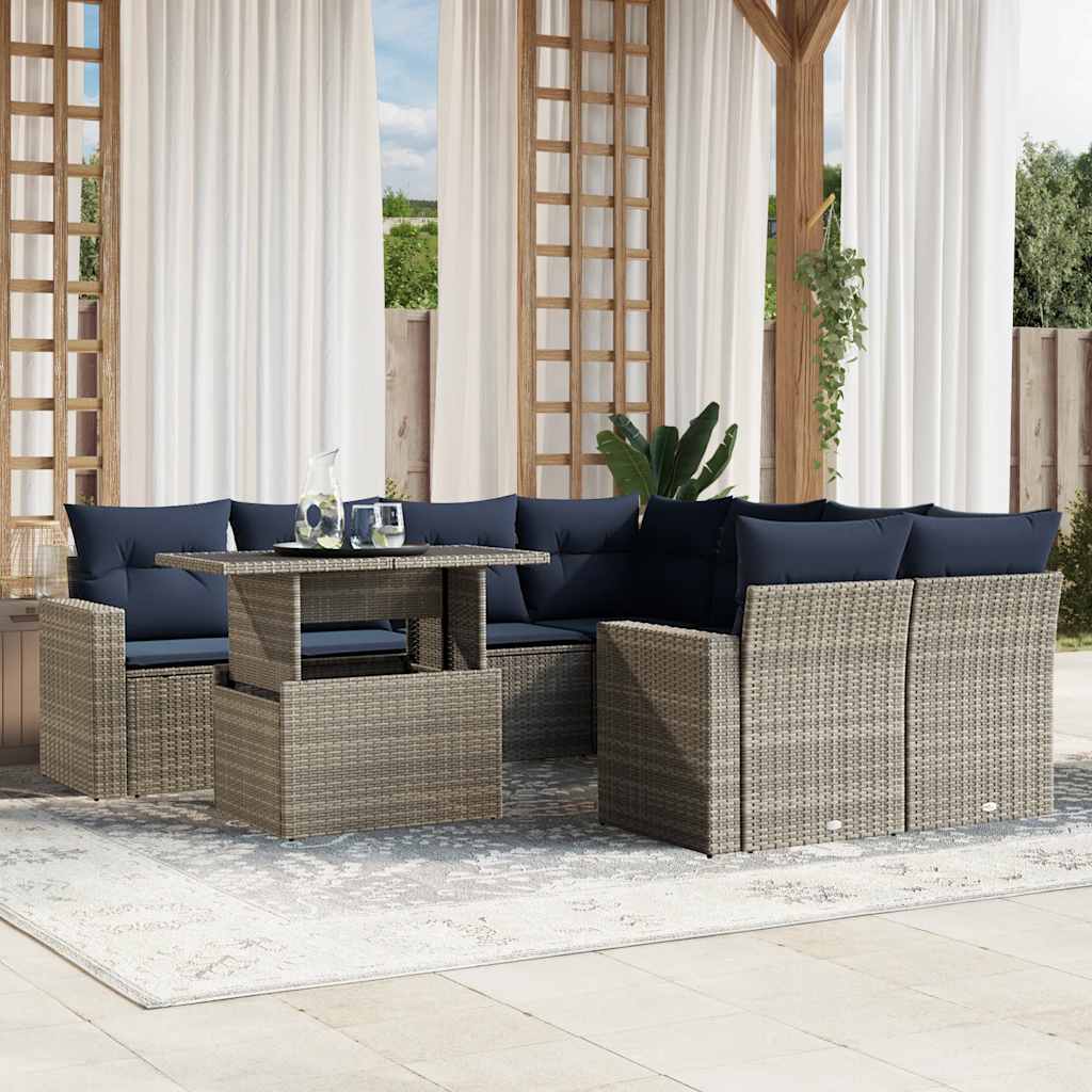 Conjunto de sofá de jardim de 9 peças com almofadas em rattan sintético cinza