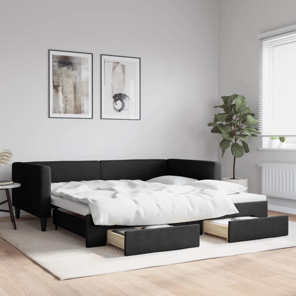 Sofá-cama com gavetão e gavetas 100x200 cm tecido preto
