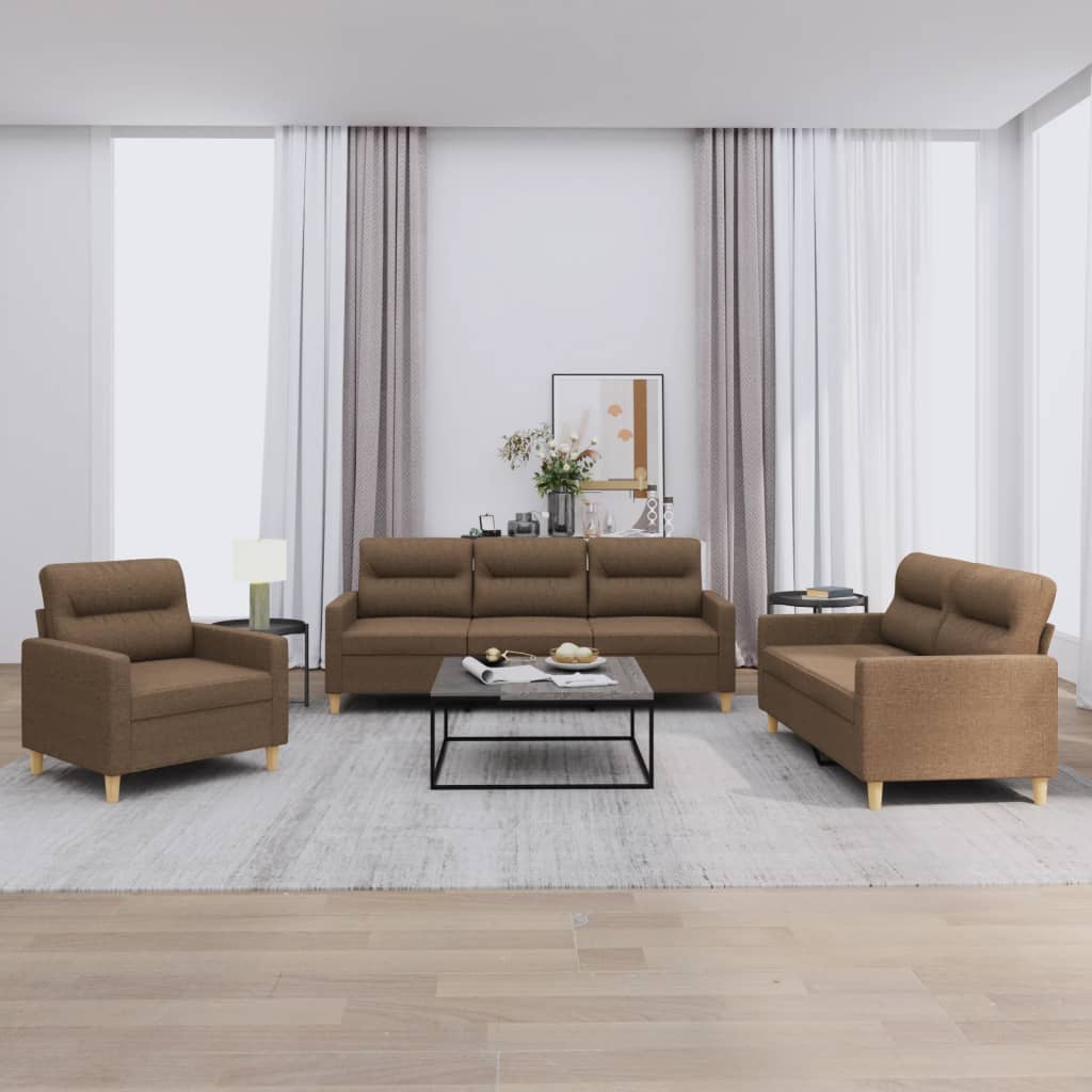 3 Pcs conjunto de sofás com almofadões tecido castanho