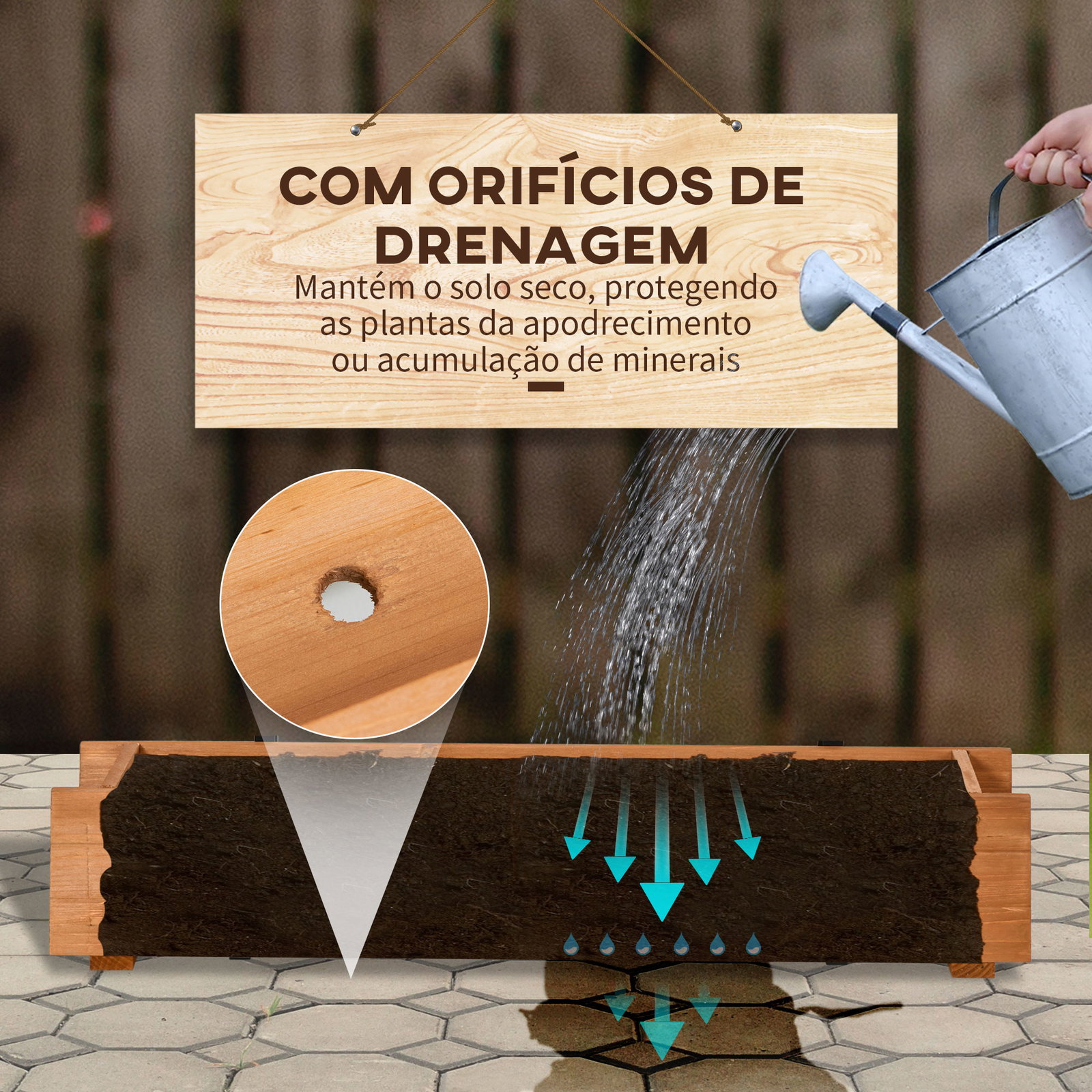 Floreira de madeira de chão ou parede com 2 orifícios de drenagem e 2 ganchos para cultivos 91x18x16,5cm madeira