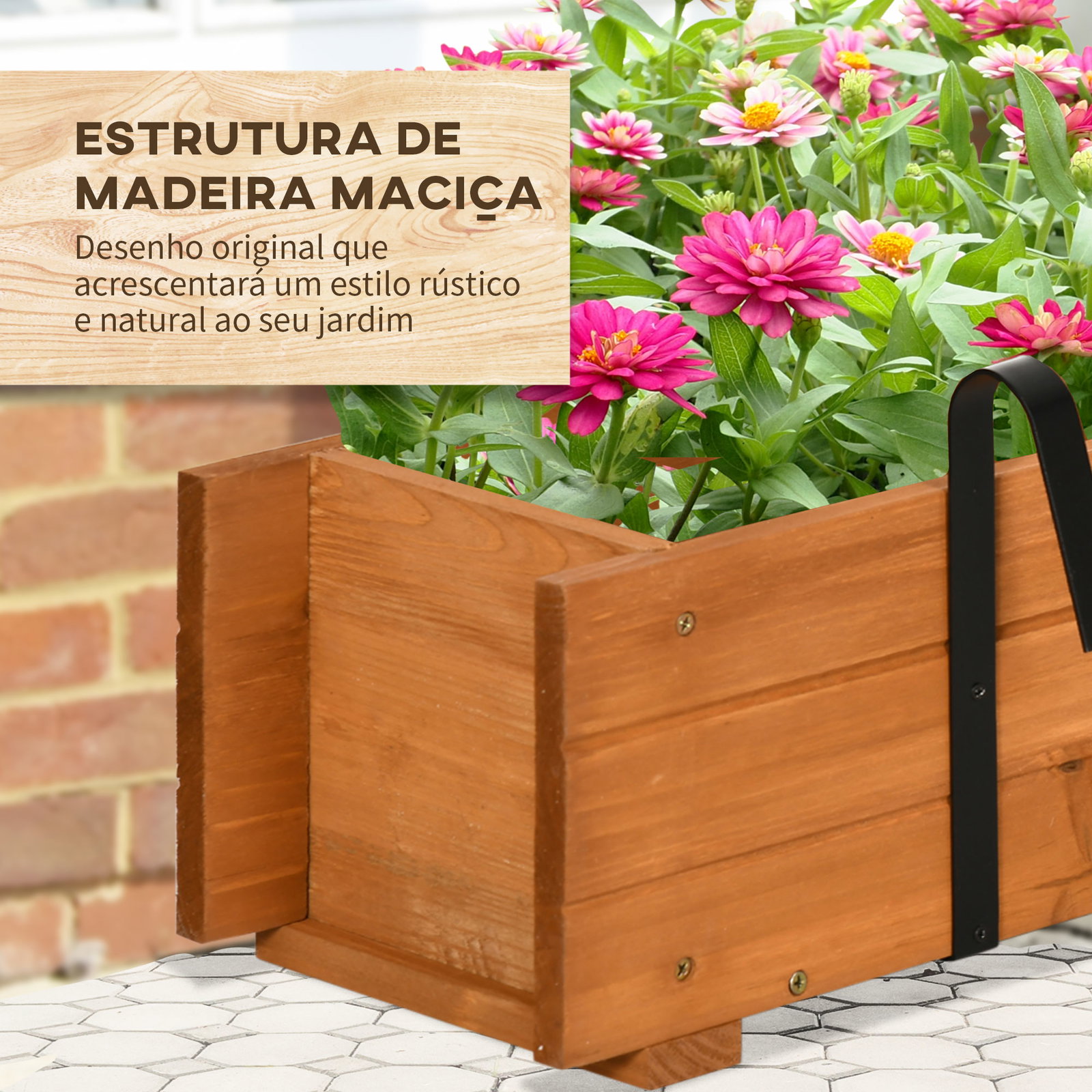 Floreira de madeira de chão ou parede com 2 orifícios de drenagem e 2 ganchos para cultivos 91x18x16,5cm madeira
