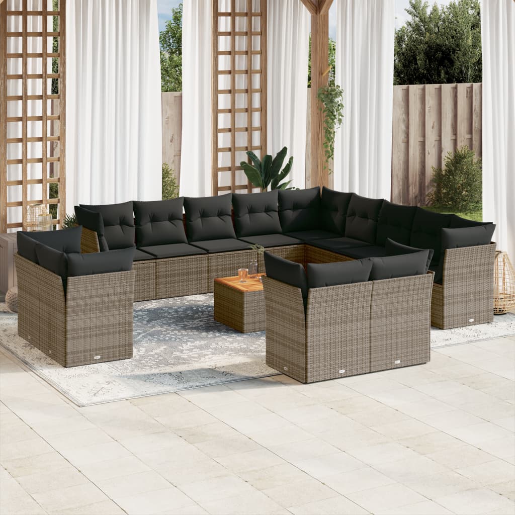 14 Pcs conjunto sofás p/ jardim c/ almofadões vime PE cinzento