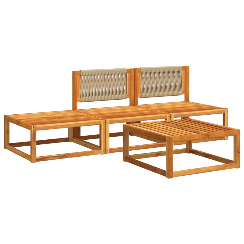 Conjunto de sofás de jardim de 4 peças com almofadas de madeira de acácia e corda