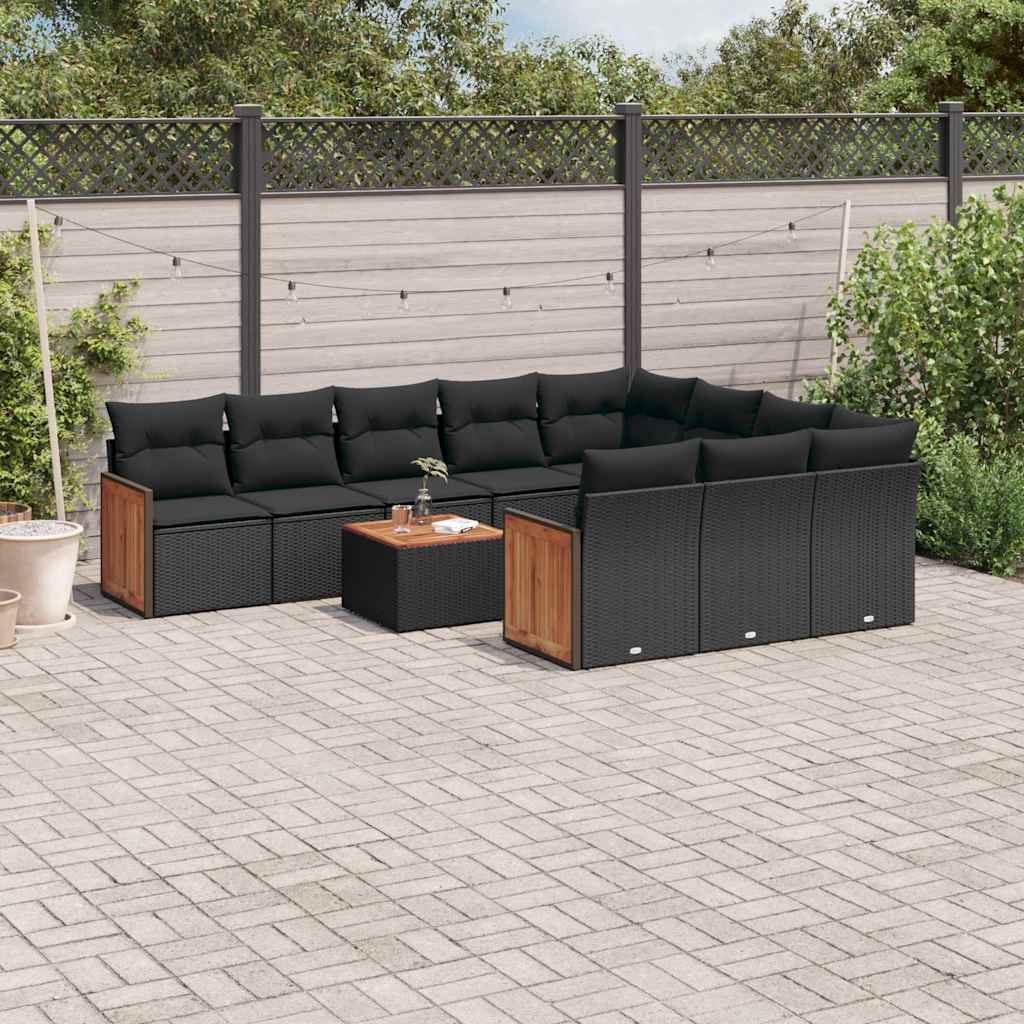 11 Pcs conjunto sofás de jardim c/ almofadões vime PE preto