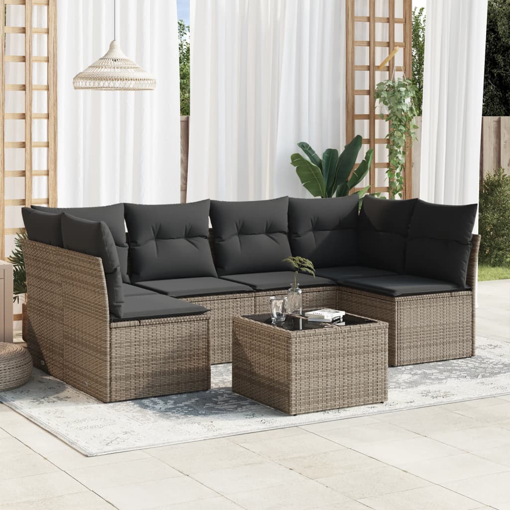 7 Pcs conjunto sofás p/ jardim c/ almofadões vime PE cinzento