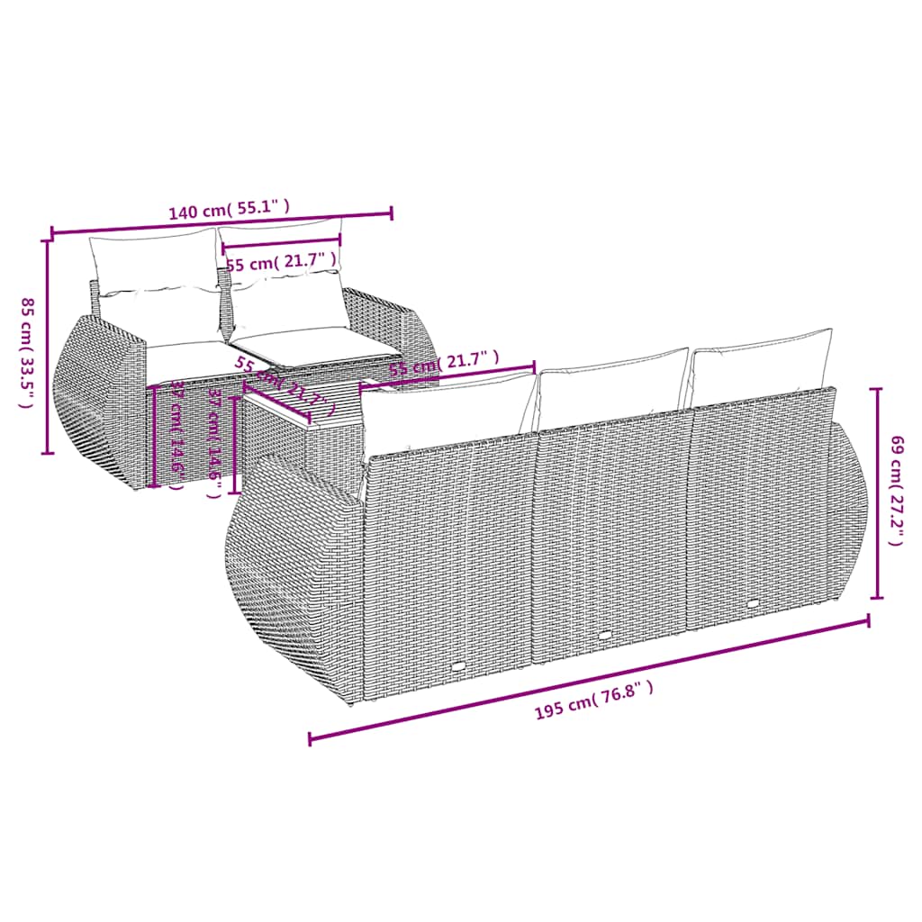 6 Pcs conjunto sofás de jardim c/ almofadões vime PE preto