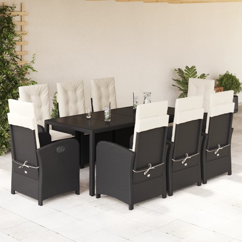 9 Pcs conjunto de jantar p/ jardim c/ almofadões vime PE preto