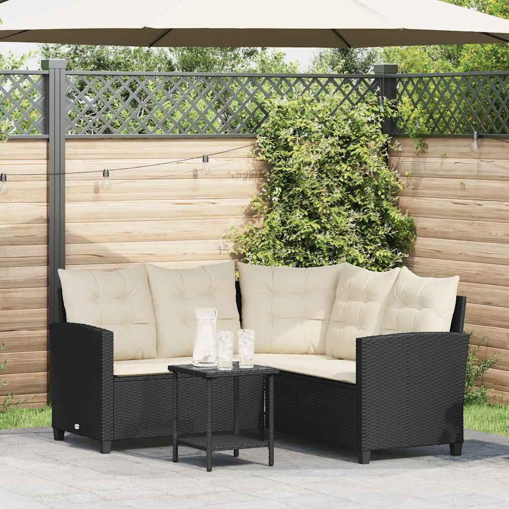 Sofá de jardim em forma de l c/ mesa e almofadões vime PE preto