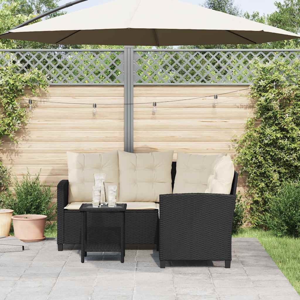 Sofá de jardim em forma de l c/ mesa e almofadões vime PE preto