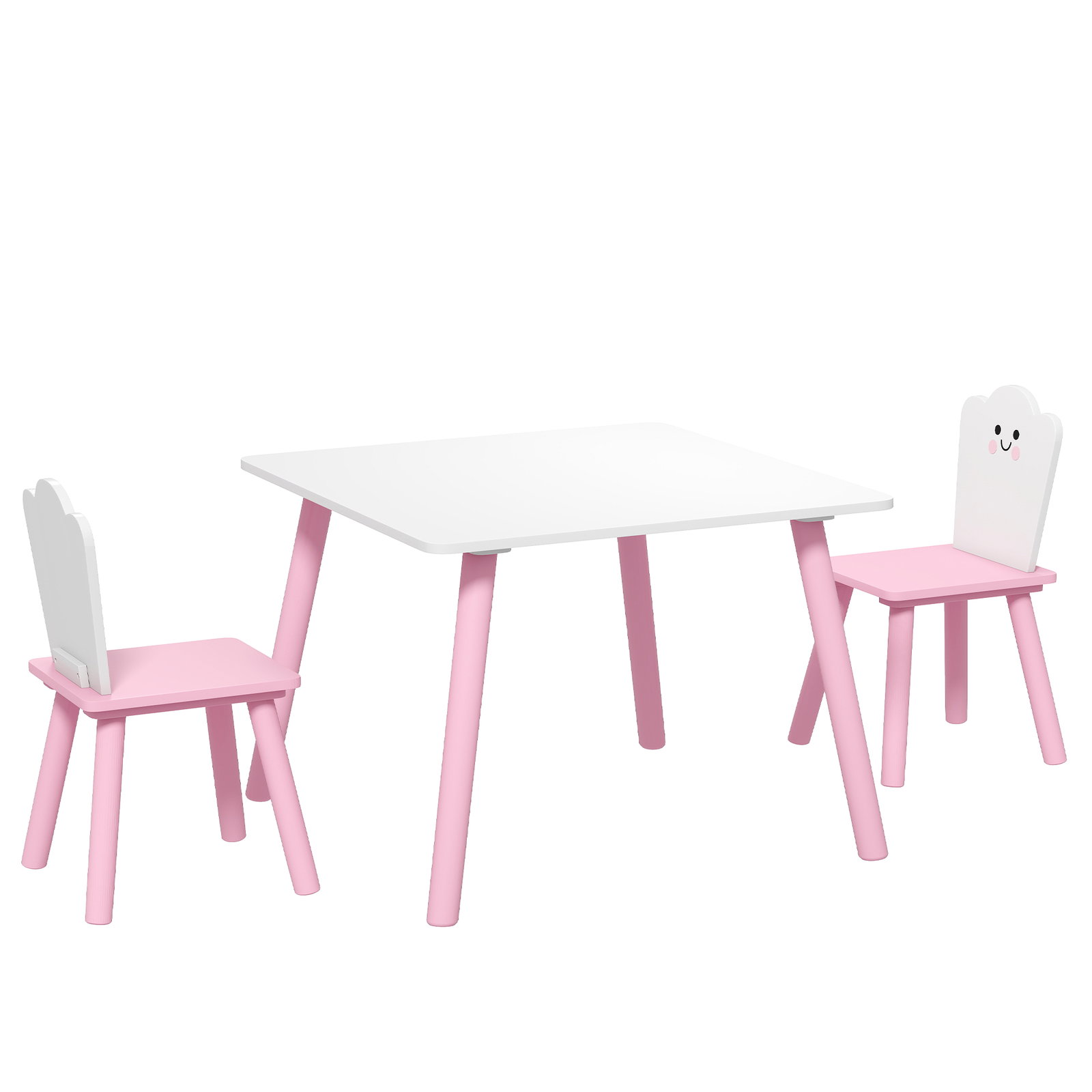 Conjunto mesa e 2 cadeiras para crianças 3-6 anos em madeira com cantos arredondados tema algodão doce rosa