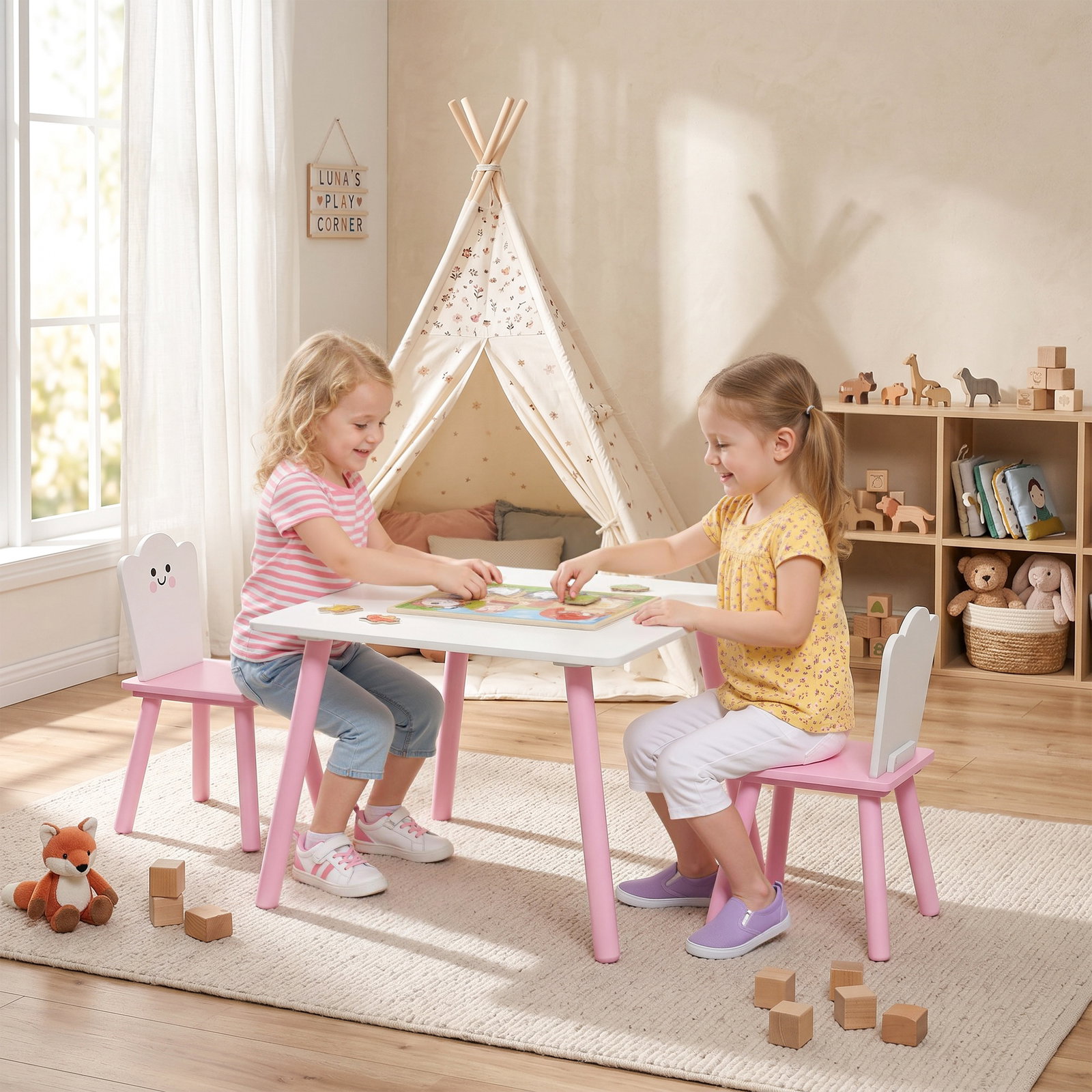 Conjunto mesa e 2 cadeiras para crianças 3-6 anos em madeira com cantos arredondados tema algodão doce rosa