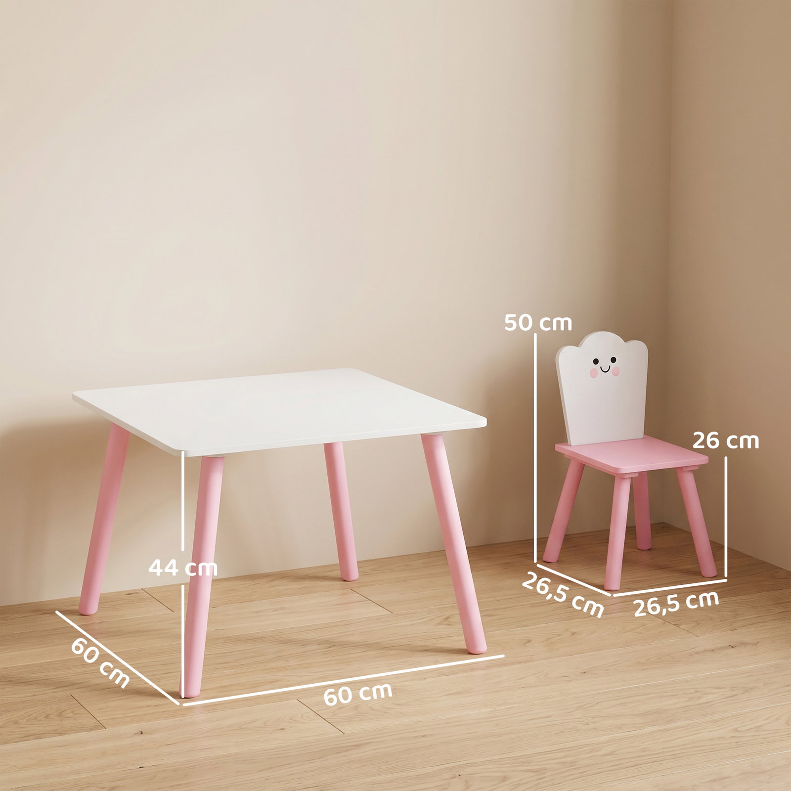 Conjunto mesa e 2 cadeiras para crianças 3-6 anos em madeira com cantos arredondados tema algodão doce rosa
