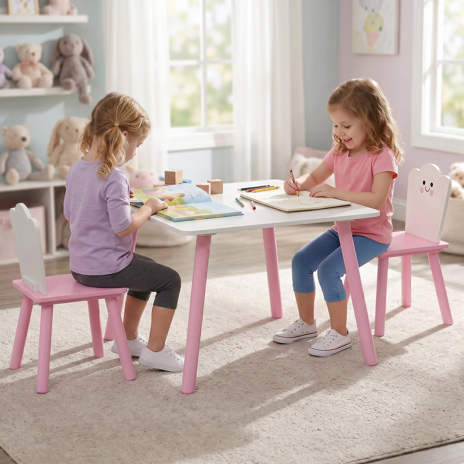 Conjunto mesa e 2 cadeiras para crianças 3-6 anos em madeira com cantos arredondados tema algodão doce rosa