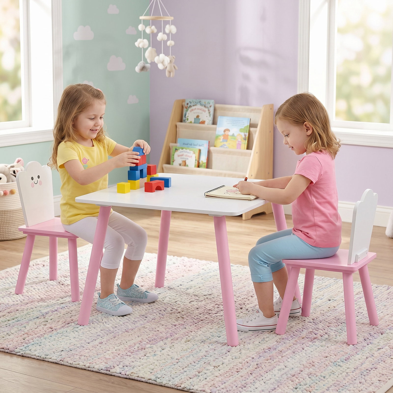 Conjunto mesa e 2 cadeiras para crianças 3-6 anos em madeira com cantos arredondados tema algodão doce rosa