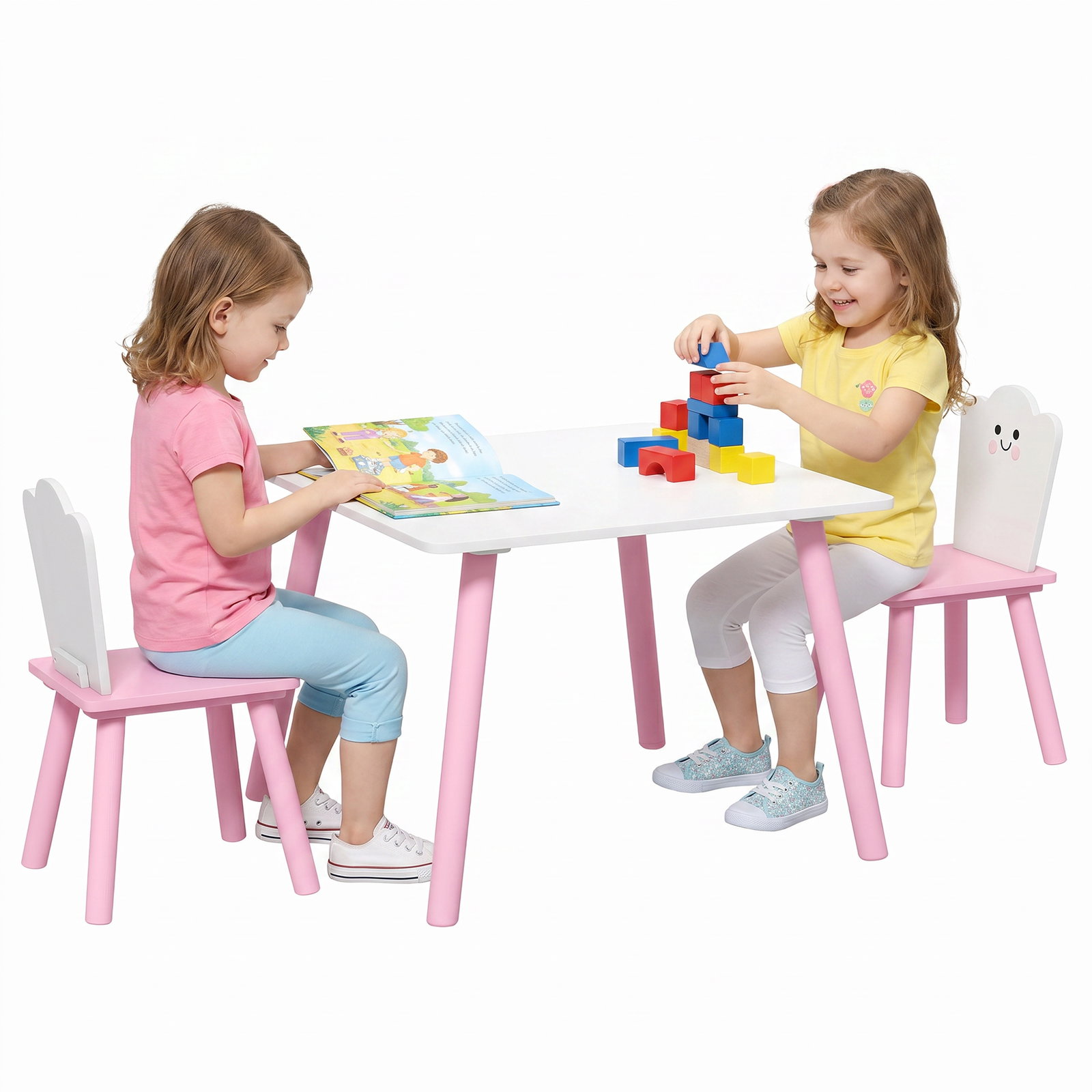 Conjunto mesa e 2 cadeiras para crianças 3-6 anos em madeira com cantos arredondados tema algodão doce rosa
