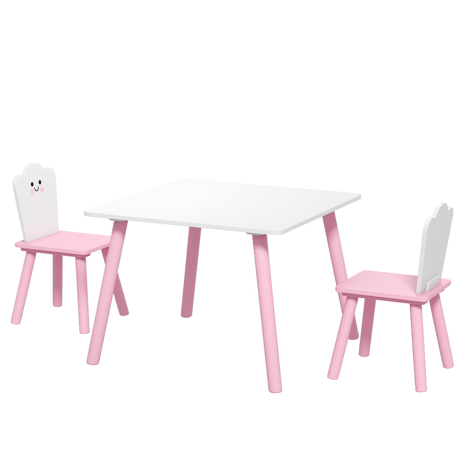 Conjunto mesa e 2 cadeiras para crianças 3-6 anos em madeira com cantos arredondados tema algodão doce rosa
