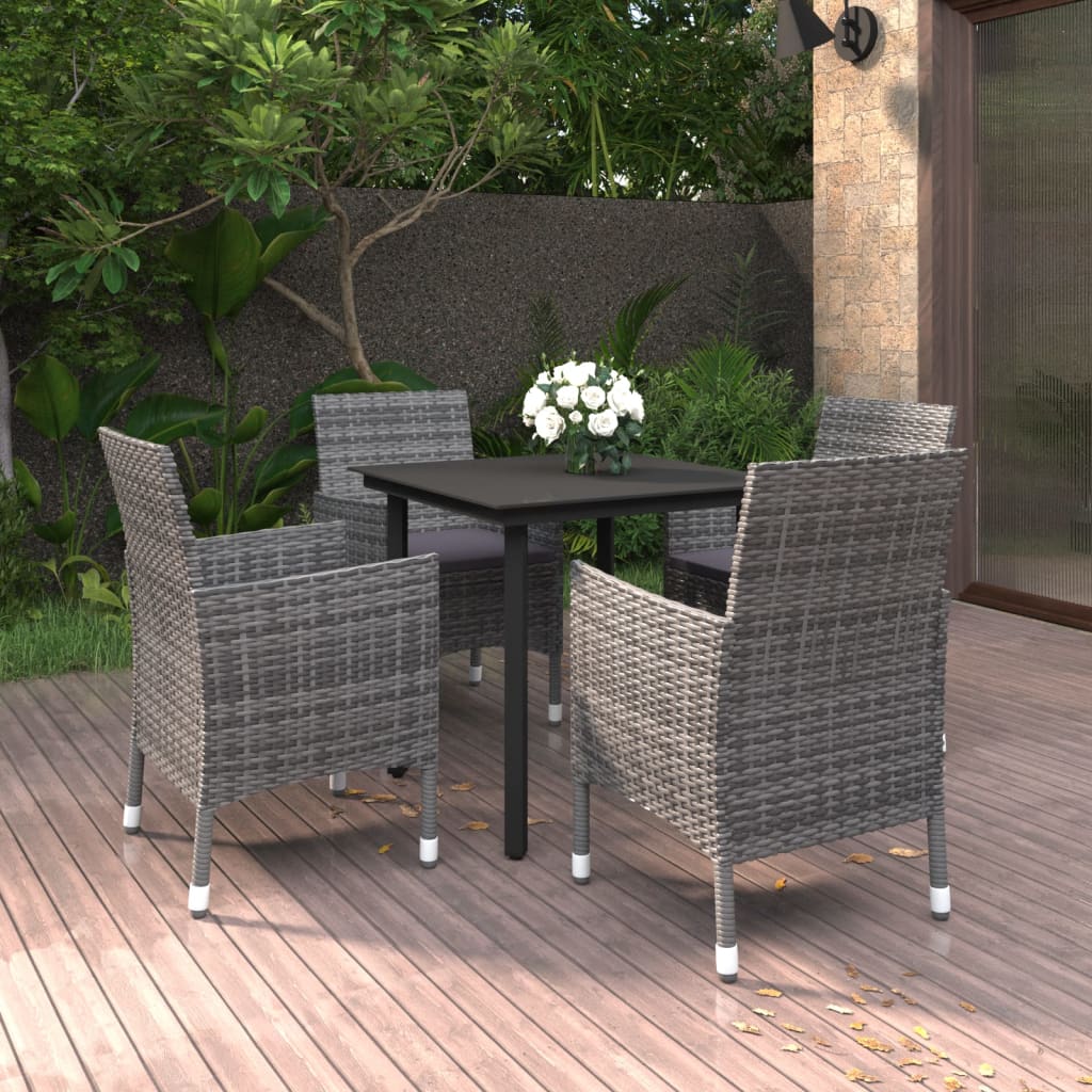 5 Pcs conjunto de jantar p/ jardim c/almofadões vime PE e vidro