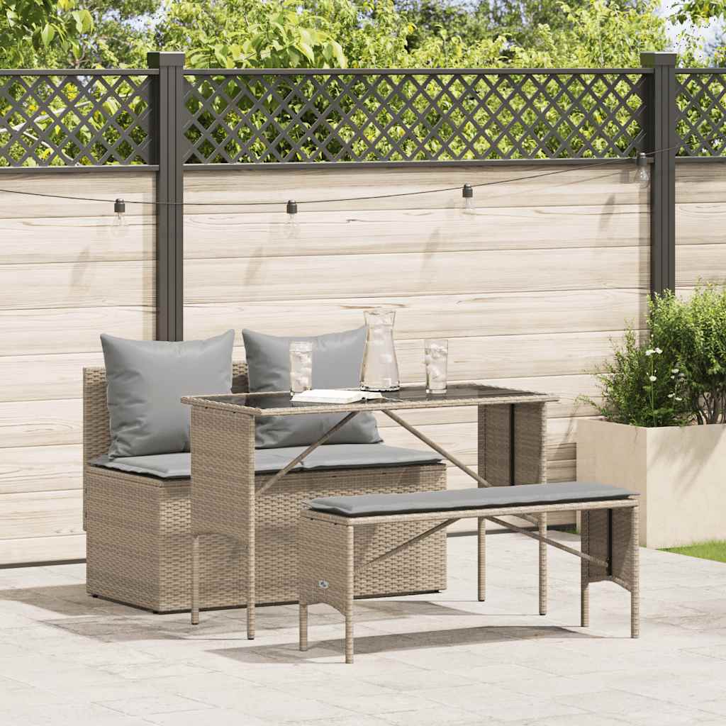 3 Pcs conjunto de jantar p/ jardim com almofadões vime PE bege