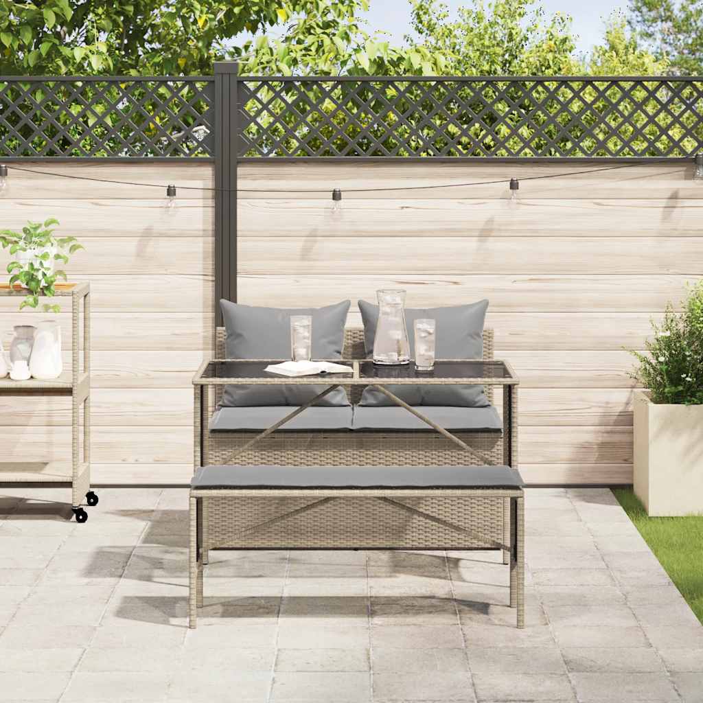 3 Pcs conjunto de jantar p/ jardim com almofadões vime PE bege