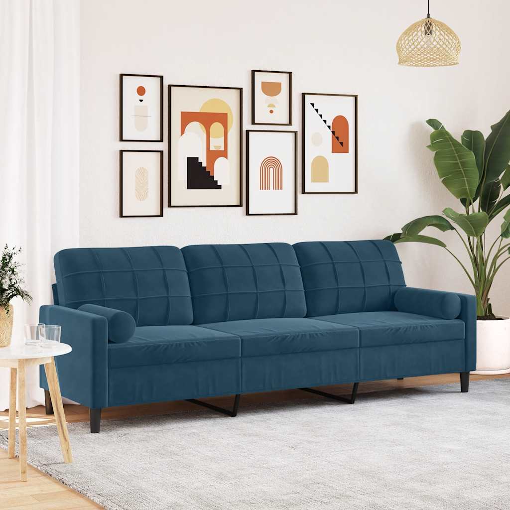 Sofá 3 lugares c/ almofadas decorativas 210 cm veludo azul