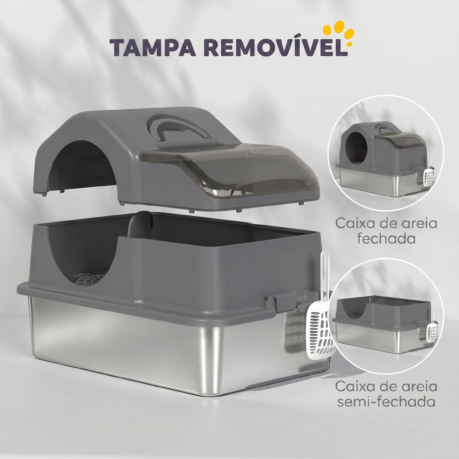 Caixa de areia fechada para gatos com bandeja em aço inoxidável, tampa superior e entrada frontal, cinzento escuro