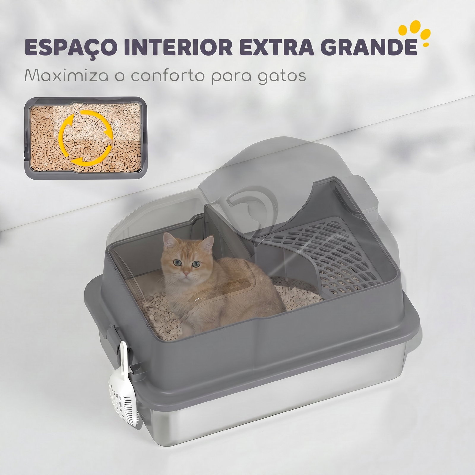 Caixa de areia fechada para gatos com bandeja em aço inoxidável, tampa superior e entrada frontal, cinzento escuro