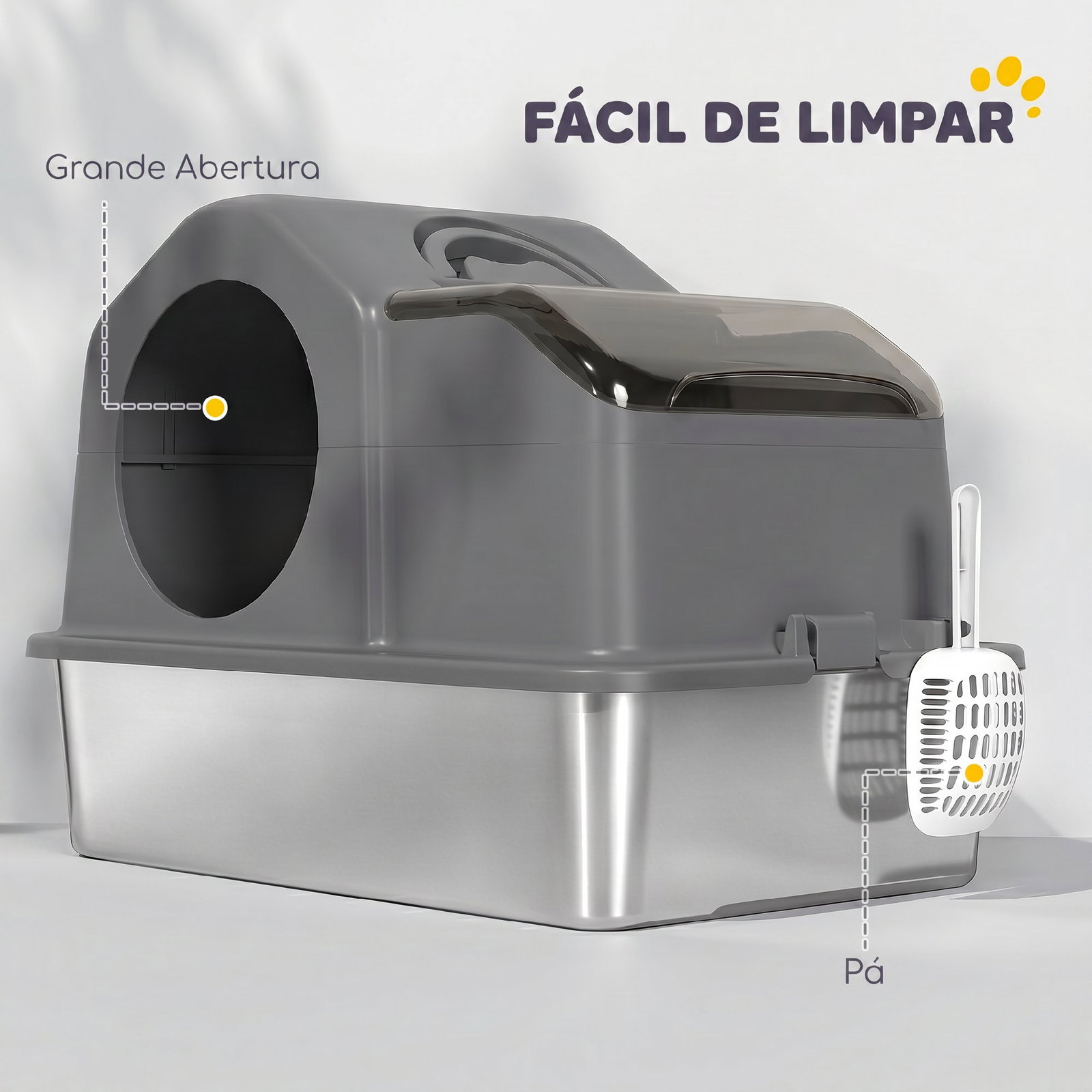 Caixa de areia fechada para gatos com bandeja em aço inoxidável, tampa superior e entrada frontal, cinzento escuro
